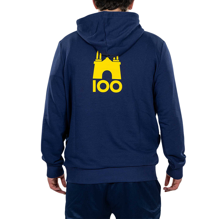 Ragazzo indossa felpa blu con cappuccio logo parma e puma in giallo sul fronte logo tardini 100 sul retro