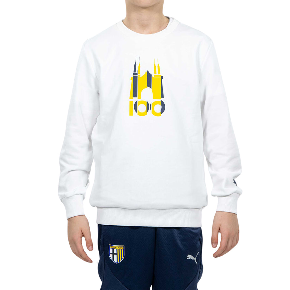 Bambino indossa felpa bianca con logo tardini 100 in colore giallo e blu