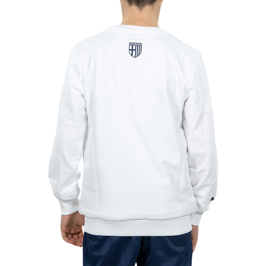 Bambino indossa felpa bianca con logo tardini 100 in colore giallo e blu