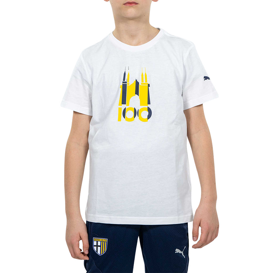Bambino indossa t-shirt bianca con logo tardini 100 in colore giallo e blu
