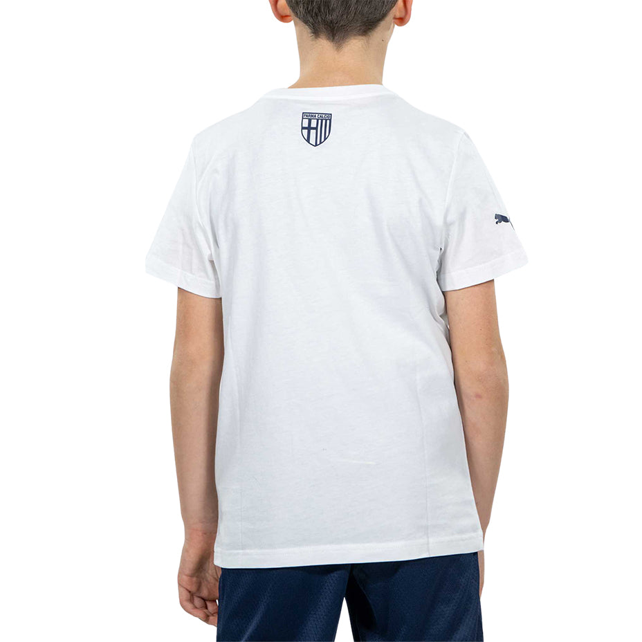 Bambino indossa t-shirt bianca con logo tardini 100 in colore giallo e blu