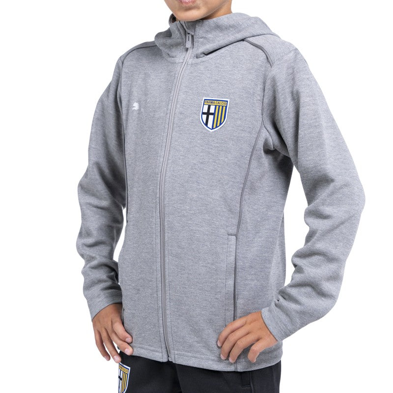 Felpa junior in cotone grigia con cappuccio, zip e logo Parma Calcio