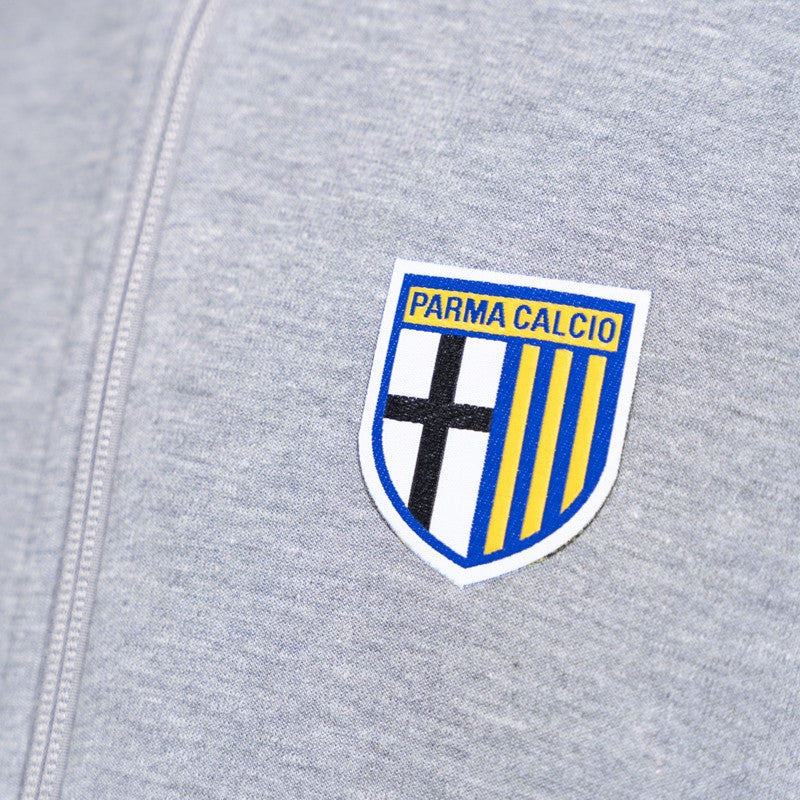 Felpa junior in cotone grigia con cappuccio, zip e logo Parma Calcio