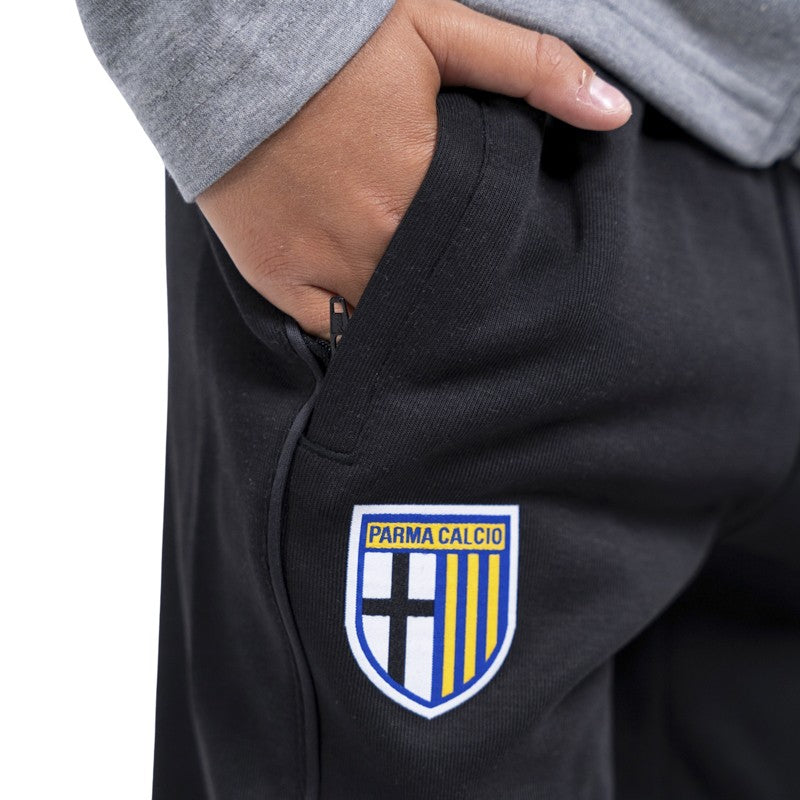 Pantalone lungo junior nero in felpa di cotone con tasche laterali e dettaglio logo Parma Calcio