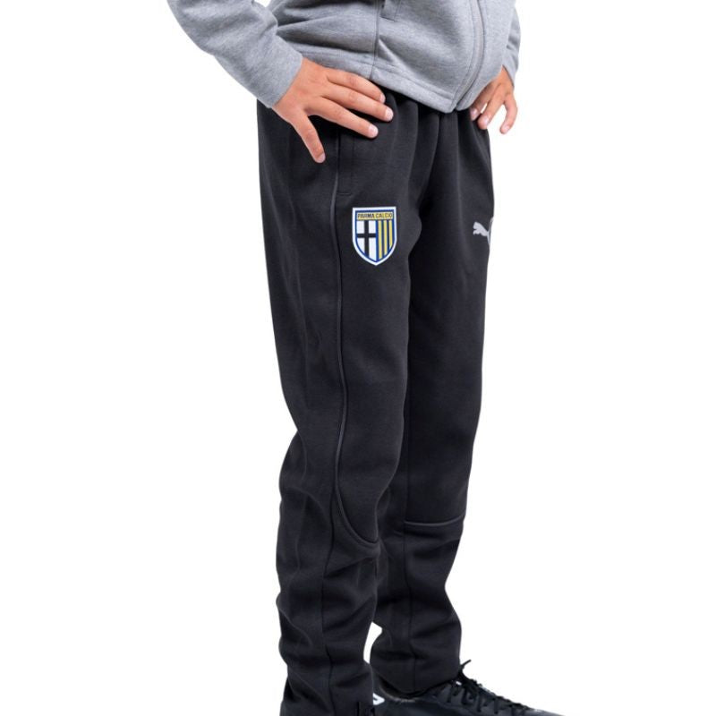 Pantalone lungo junior nero in felpa di cotone con tasche laterali logo Parma calcio e Puma