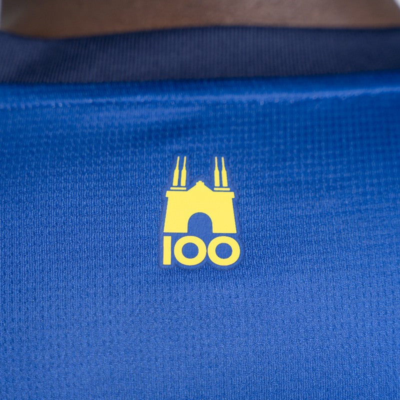 Maglia gara away parma calcio uomo con righe gialloblu e texture stadio tardini dettaglio logo Tardini 100