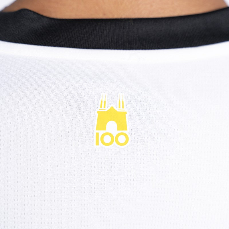 Maglia gara home bianca con croce nera sul fronte logo tardini 100 giallo Parma Calcio