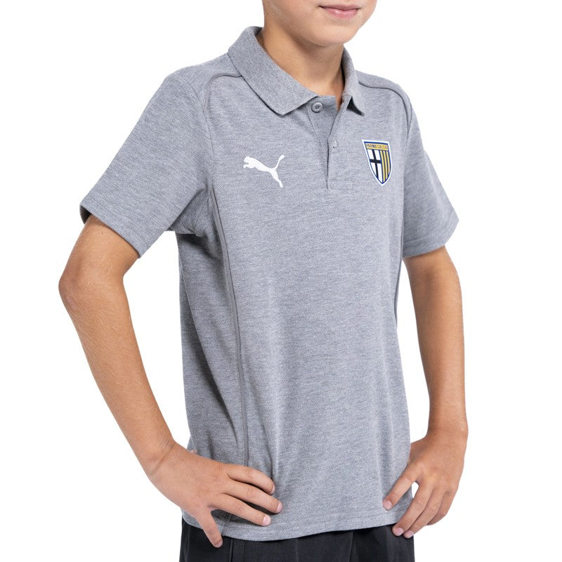 Polo junior grigia in cotone mezza manica con colletto reverse logo Parma Calcio e Puma
