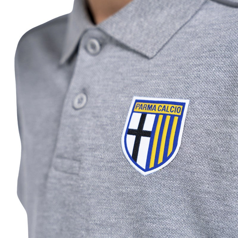 Polo junior grigia in cotone mezza manica con colletto reverse e dettaglio logo Parma Calcio