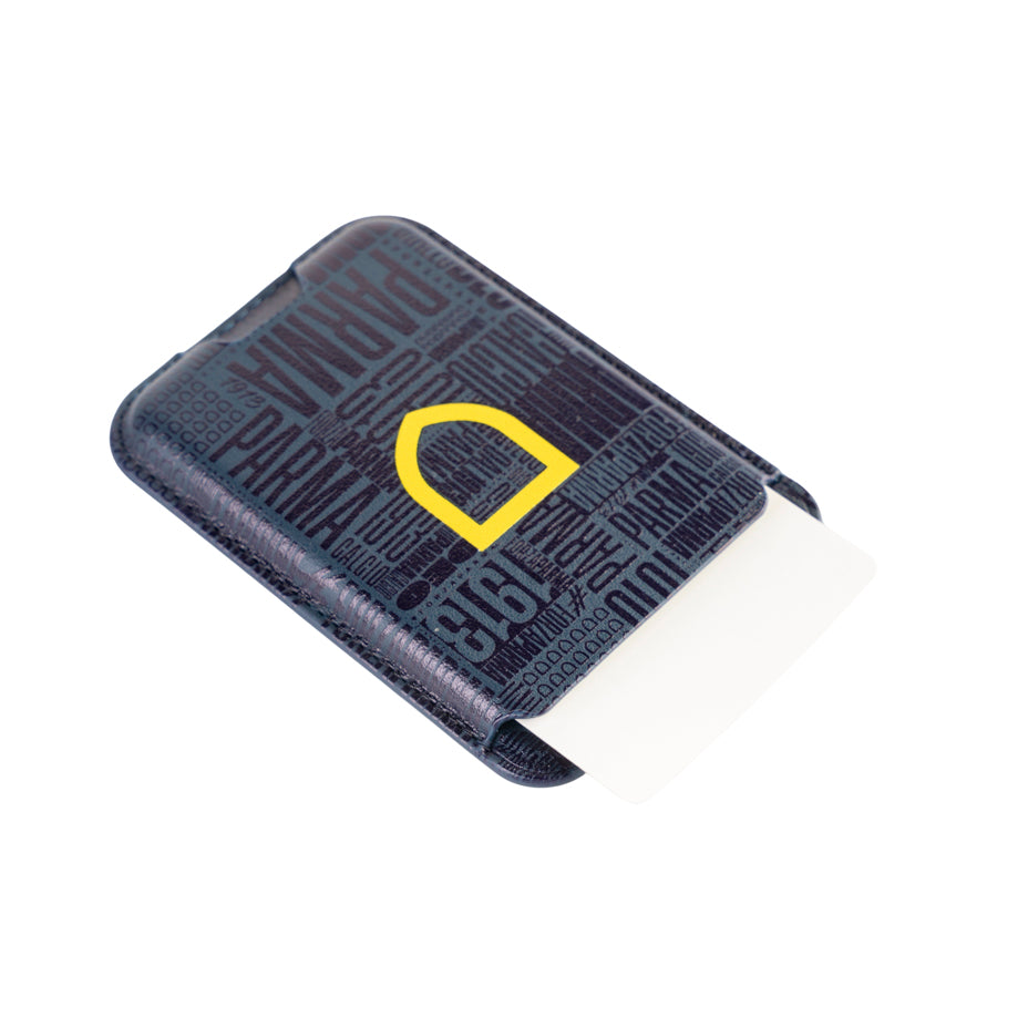 Portacarte magnetico con sfondo texture blu e logo scudetto stilizzato Parma Calcio