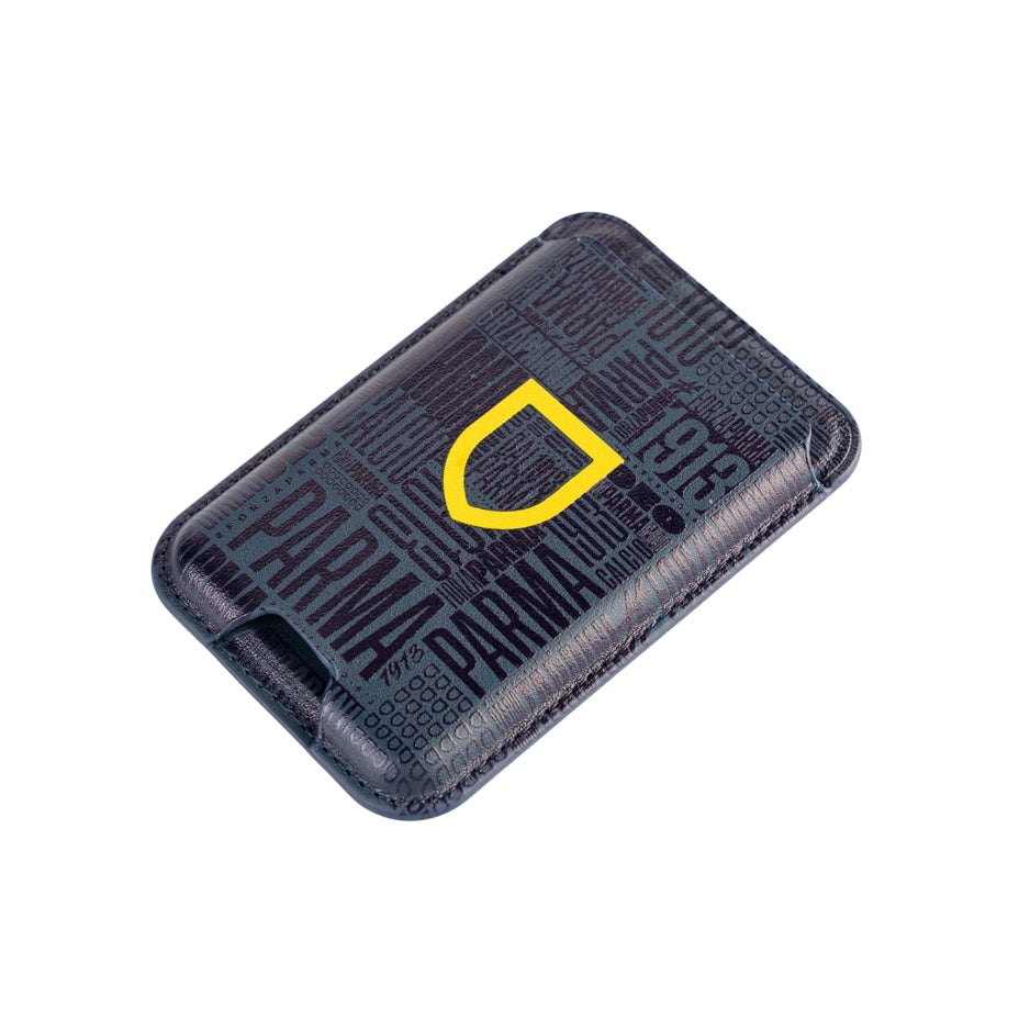 Portacarte magnetico con sfondo texture blu e logo scudetto stilizzato Parma Calcio
