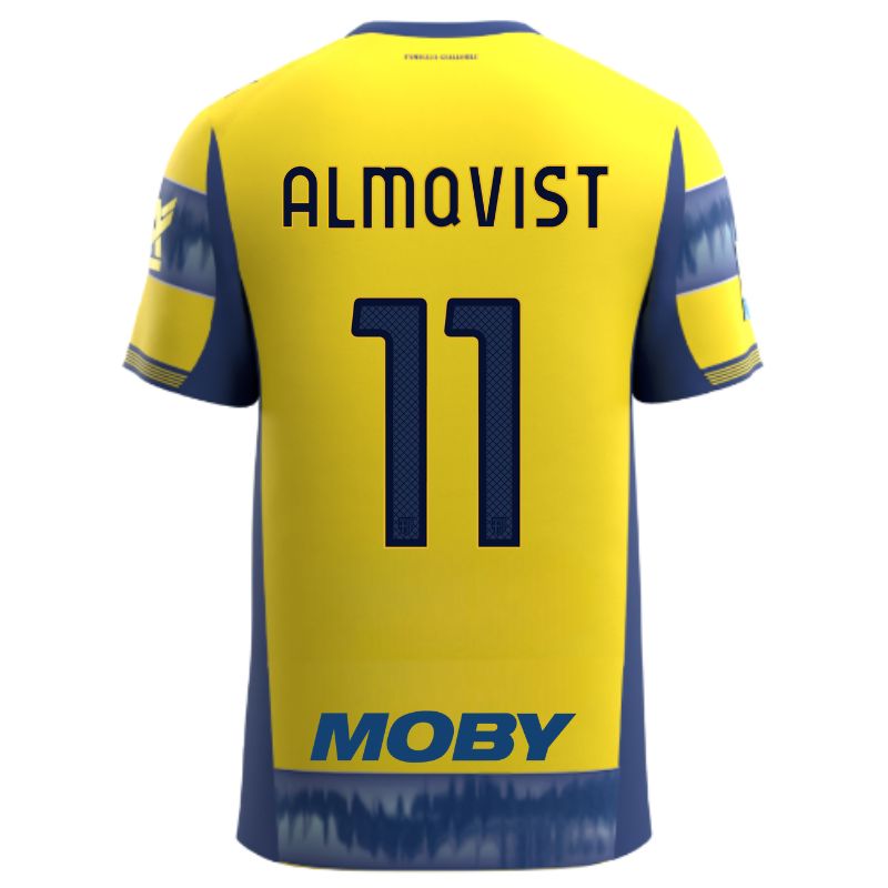 Maglia gara Parma Calcio Away gialla con righe e bande laterali blu personalizzata con nome e numero Almqvist 11, sponsor e patch serie A