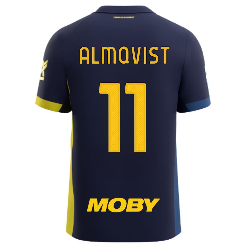 Maglia gara Parma Calcio Fourth blu con bande laterali giallo e blu personalizzata con nome e numero Almqvist 11, sponsor e patch serie A
