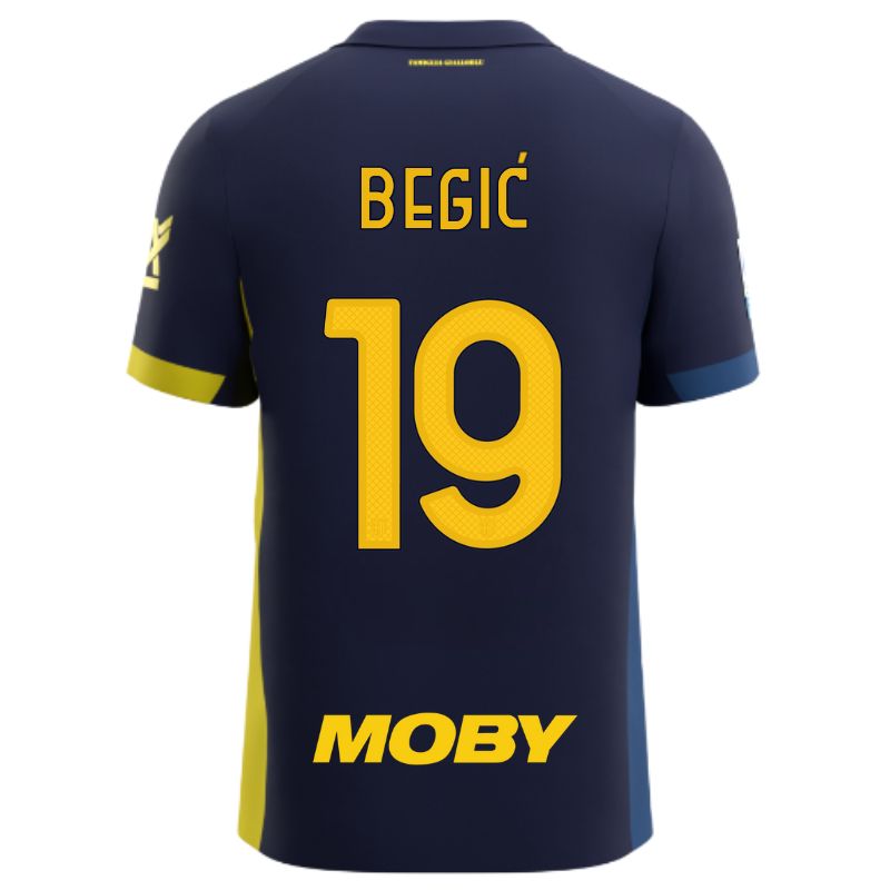 Maglia gara Parma Calcio Fourth blu con bande laterali giallo e blu personalizzata con nome e numero Begic 19, sponsor e patch serie A
