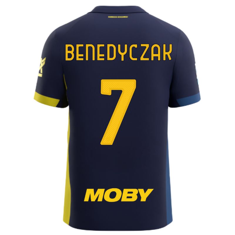 Maglia gara Parma Calcio Fourth blu con bande laterali giallo e blu personalizzata con nome e numero Benedyczak 7, sponsor e patch serie A
