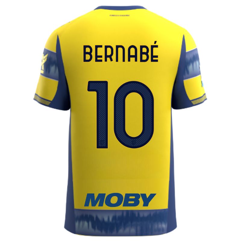 Maglia gara Parma Calcio Away gialla con righe e bande laterali blu personalizzata con nome e numero Bernabé 10, sponsor e patch serie A