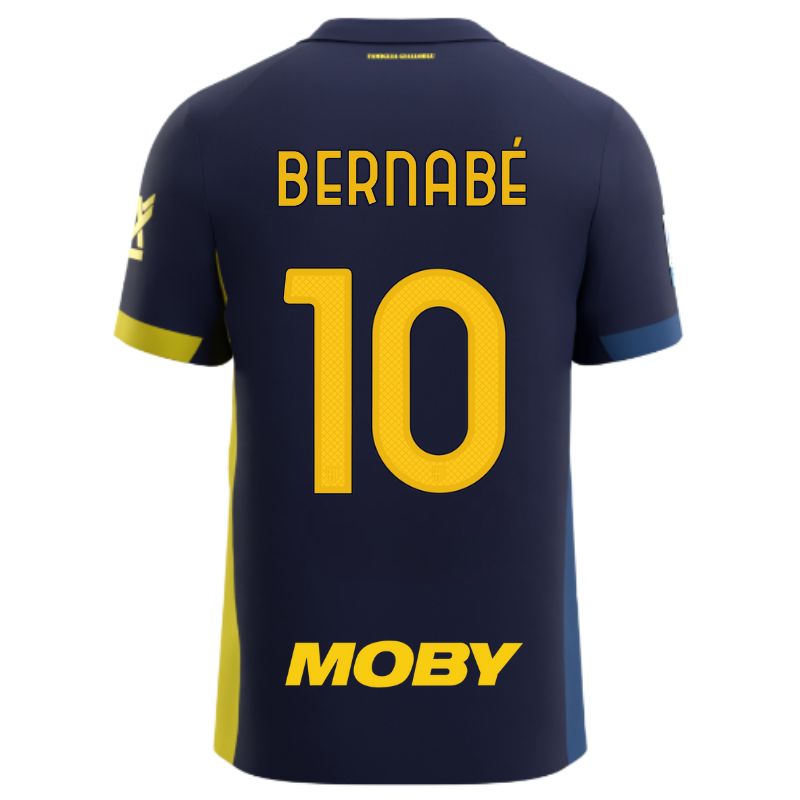 Maglia gara Parma Calcio Fourth blu con bande laterali giallo e blu personalizzata con nome e numero Bernabé 10, sponsor e patch serie A