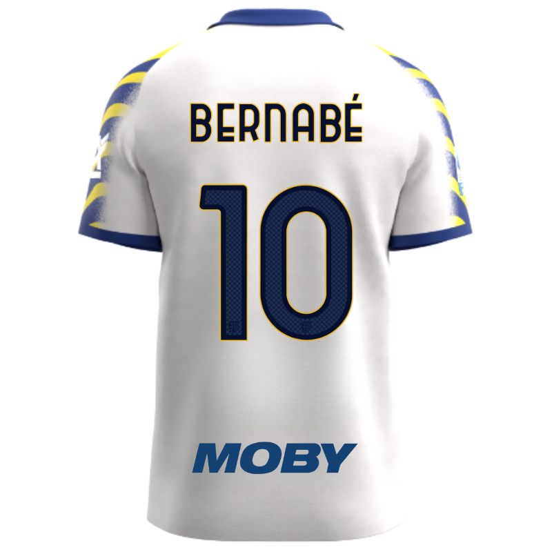 Maglia gara Parma Calcio Third bianca con colletto e maniche a strisce giallo-blu personalizzata con nome e numero Bernabé 10, sponsor e patch serie A