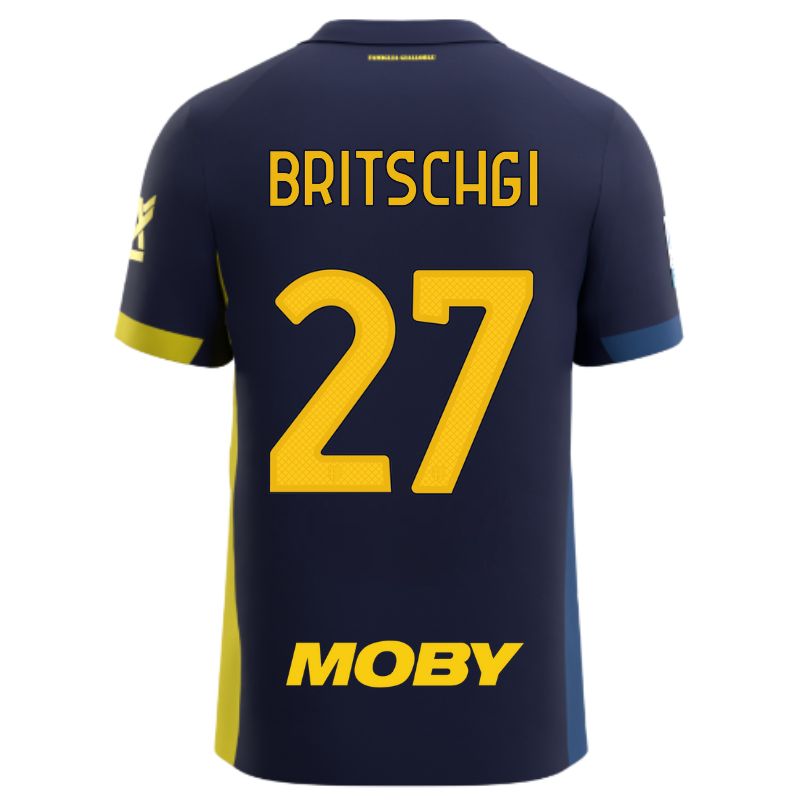 Maglia gara Parma Calcio Fourth blu con bande laterali giallo e blu personalizzata con nome e numero Britschgi 27, sponsor e patch serie A
