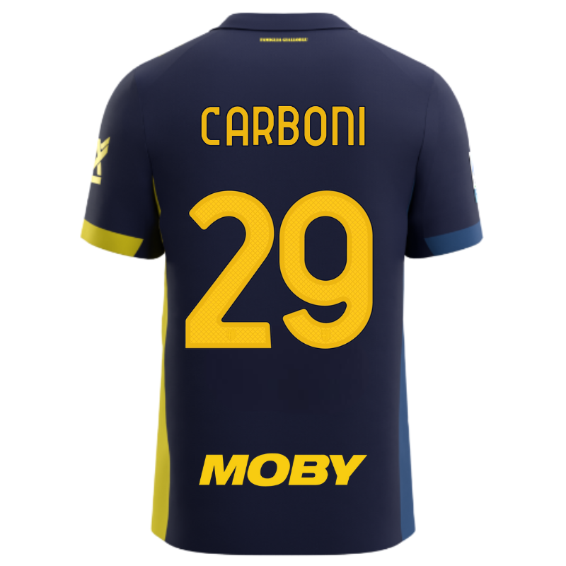 Maglia gara fourth adulto blu con bande laterali gialli e blu e personalizzazione Carboni 29