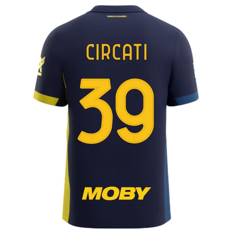 Maglia gara Parma Calcio Fourth blu con bande laterali giallo e blu personalizzata con nome e numero Circati 39, sponsor e patch serie A