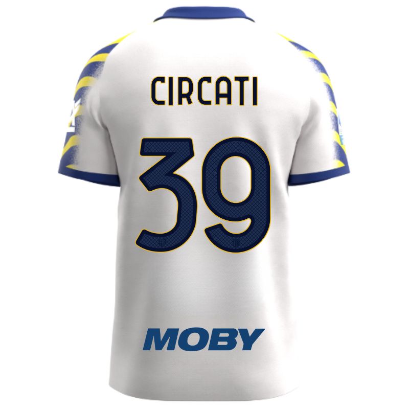 Maglia gara Parma Calcio Third bianca con colletto e maniche a strisce giallo-blu personalizzata con nome e numero Circati 39, sponsor e patch serie A