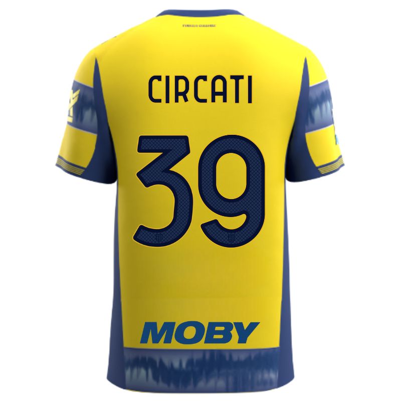 Maglia gara Parma Calcio Away gialla con righe e bande laterali blu personalizzata con nome e numero Circati 39, sponsor e patch serie A
