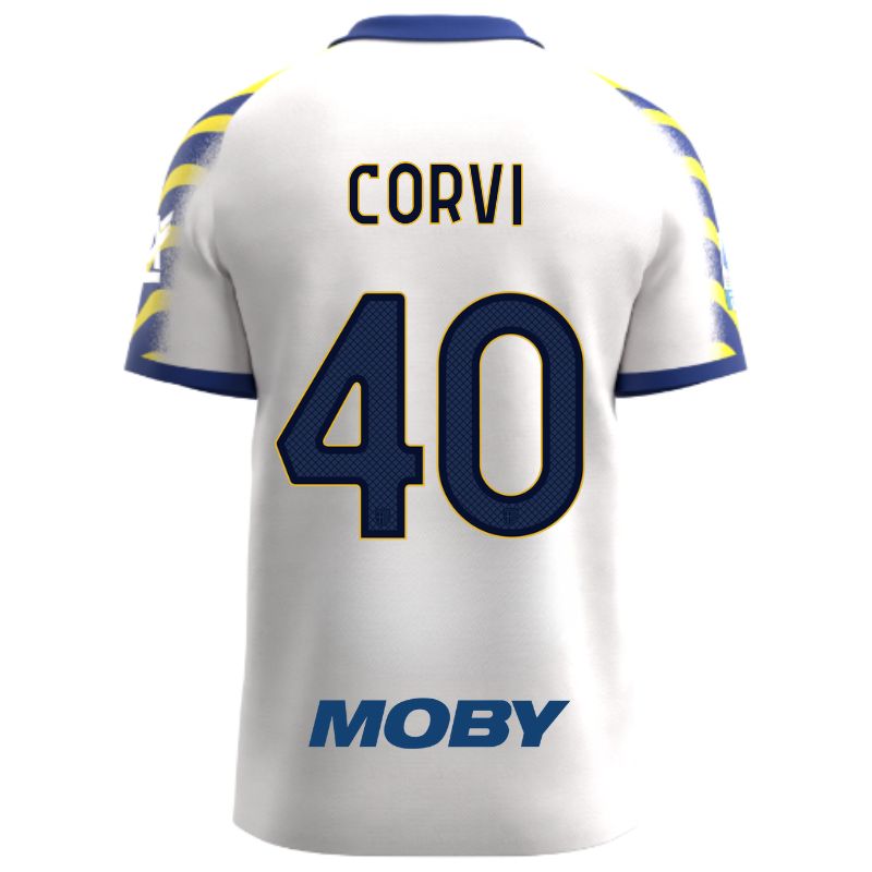 Maglia gara Parma Calcio Third bianca con colletto e maniche a strisce giallo-blu personalizzata con nome e numero Corvi 40, sponsor e patch serie A