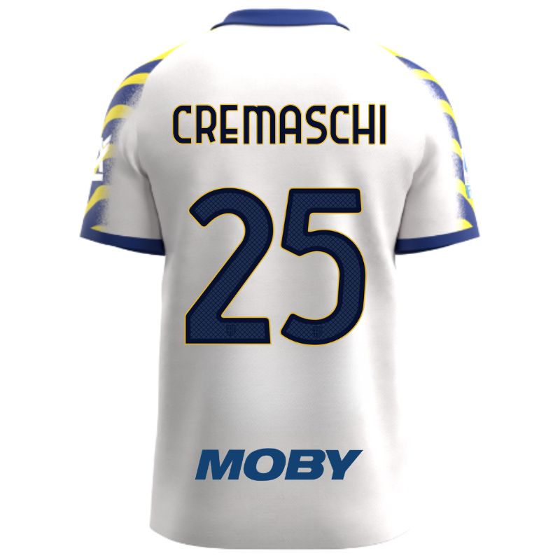 Maglia gara Parma Calcio Third bianca con colletto e maniche a strisce giallo-blu personalizzata con nome e numero Cremaschi 25, sponsor e patch serie A