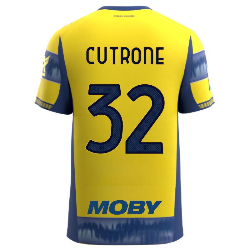 Maglia gara Parma Calcio Away gialla con righe e bande laterali blu personalizzata con nome e numero Cutrone 32, sponsor e patch serie A