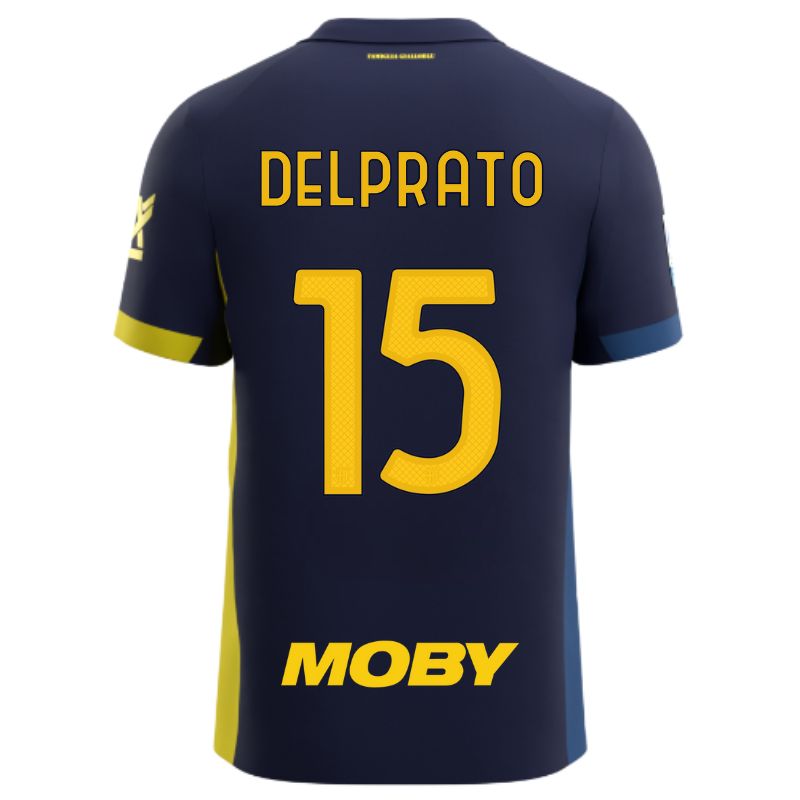 Maglia gara Parma Calcio Fourth blu con bande laterali giallo e blu personalizzata con nome e numero Delprato 15, sponsor e patch serie A