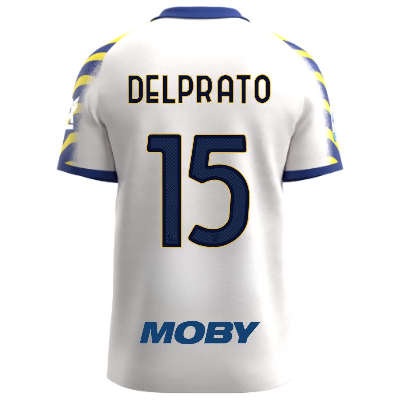 Maglia gara Parma Calcio Third bianca con colletto e maniche a strisce giallo-blu personalizzata con nome e numero Delprato 15, sponsor e patch serie A