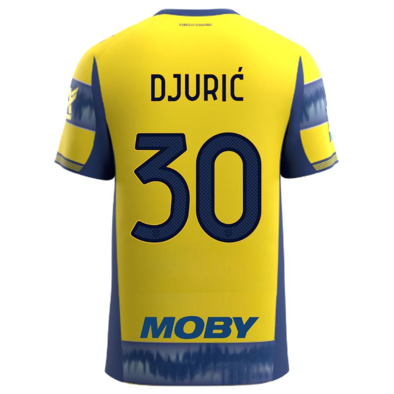 Maglia gara Parma Calcio Away gialla con righe e bande laterali blu personalizzata con nome e numero Djurić 30, sponsor e patch serie A