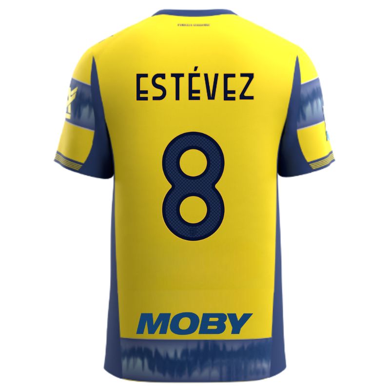 Maglia gara Parma Calcio Away gialla con righe e bande laterali blu personalizzata con nome e numero Estévez 8, sponsor e patch serie A