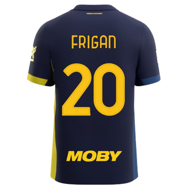 Maglia gara Parma Calcio Fourth blu con bande laterali giallo e blu personalizzata con nome e numero Frigan 20, sponsor e patch serie A