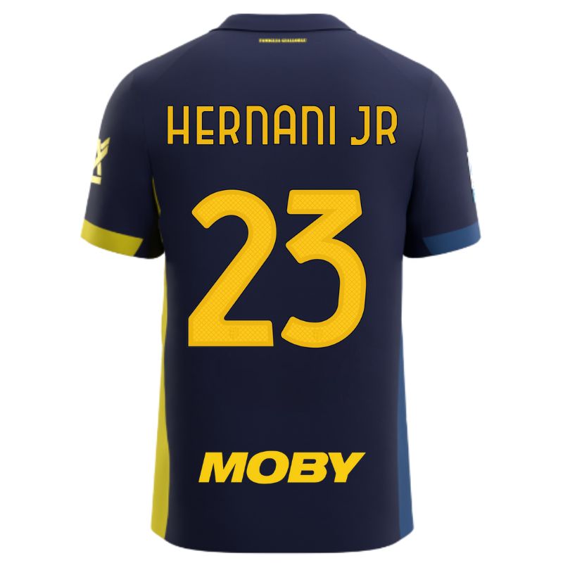 Maglia gara Parma Calcio Fourth blu con bande laterali giallo e blu personalizzata con nome e numero Hernani Jr 23, sponsor e patch serie A
