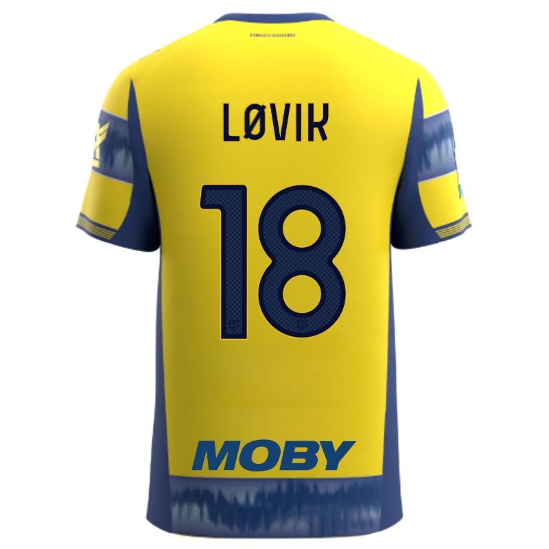 Maglia gara Parma Calcio Away gialla con righe e bande laterali blu personalizzata con nome e numero Lovik 18, sponsor e patch serie A