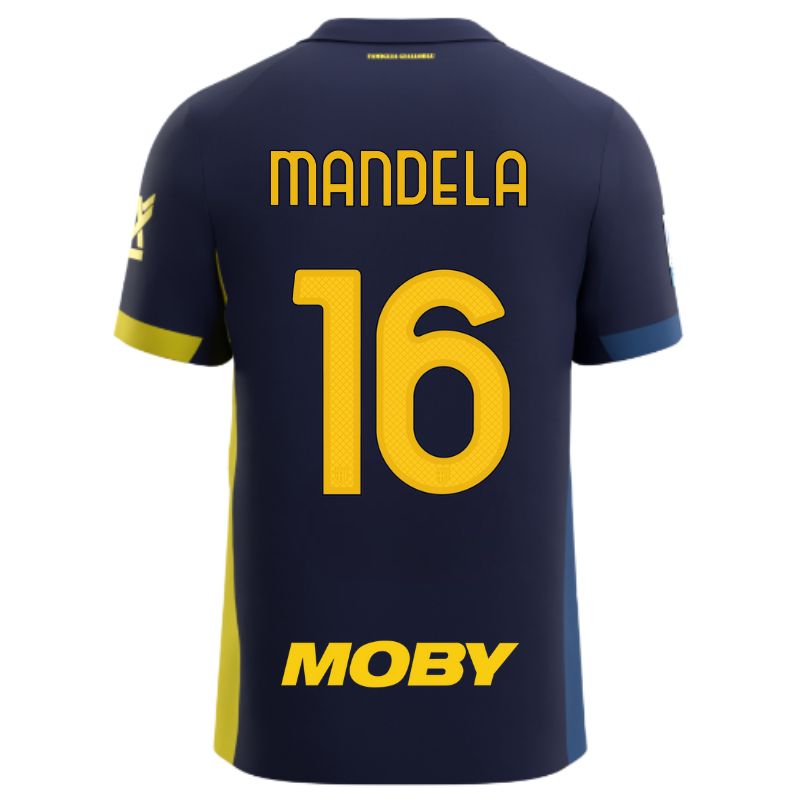 Maglia gara Parma Calcio Fourth blu con bande laterali giallo e blu personalizzata con nome e numero Mandela 16, sponsor e patch serie A