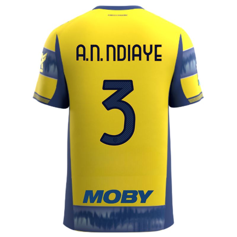 Maglia gara Parma Calcio Away gialla con righe e bande laterali blu personalizzata con nome e numero a.N.Ndiaye 3, sponsor e patch serie A