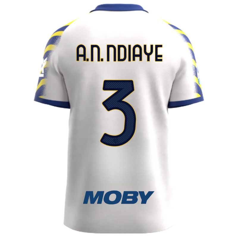 Maglia gara Parma Calcio Third bianca con colletto e maniche a strisce giallo-blu personalizzata con nome e numero A.N. Ndiaye 3, sponsor e patch serie A