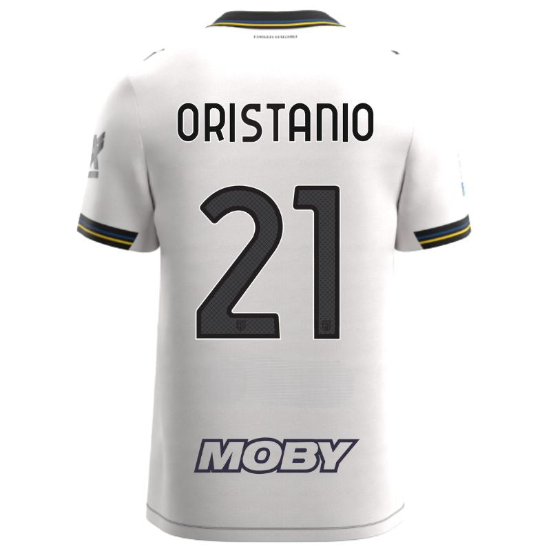 Maglia gara Home Parma Calcio Warm White con croce nera colletto a V, i dettagli in blu e giallo personalizzata con nome e numero Oristanio 21, sponsor e patch serie A