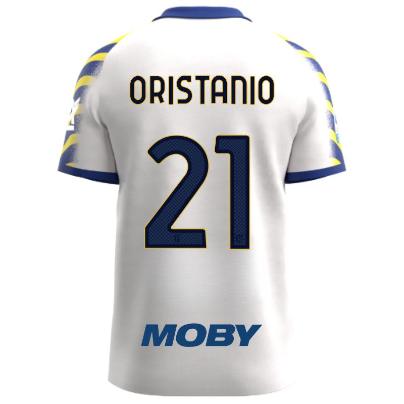 Maglia gara Parma Calcio Third bianca con colletto e maniche a strisce giallo-blu personalizzata con nome e numero Oristanio 21, sponsor e patch serie A