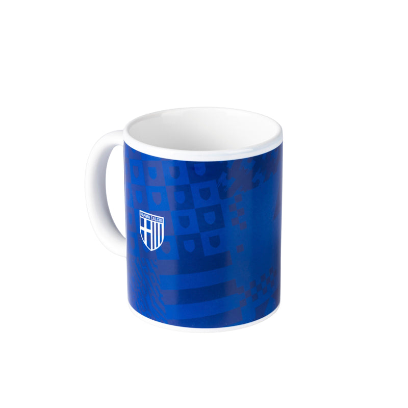 Tazza Parma Calcio con grafica texture, nelle tonalità del blu, con loghi e scritte che celebrano il club.