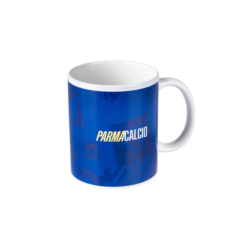 Tazza Parma Calcio con grafica texture, nelle tonalità del blu, con loghi e scritte che celebrano il club.