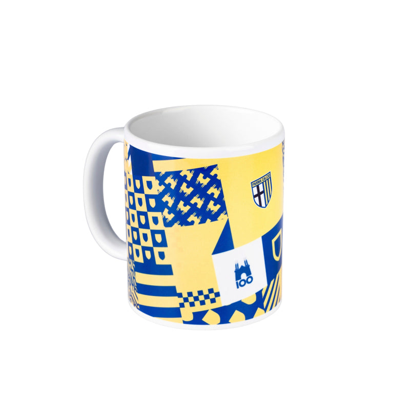 Tazza Parma Calcio con grafica unica texture, nei colori gialloblu, con loghi e scritte che celebrano il club.