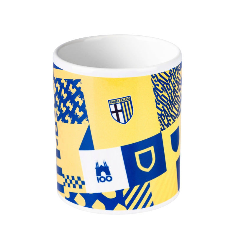 Tazza Parma Calcio con grafica unica texture, nei colori gialloblu, con loghi e scritte che celebrano il club.