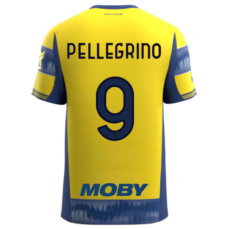 Maglia gara Parma Calcio Away gialla con righe e bande laterali blu personalizzata con nome e numero Pellegrino 9, sponsor e patch serie A