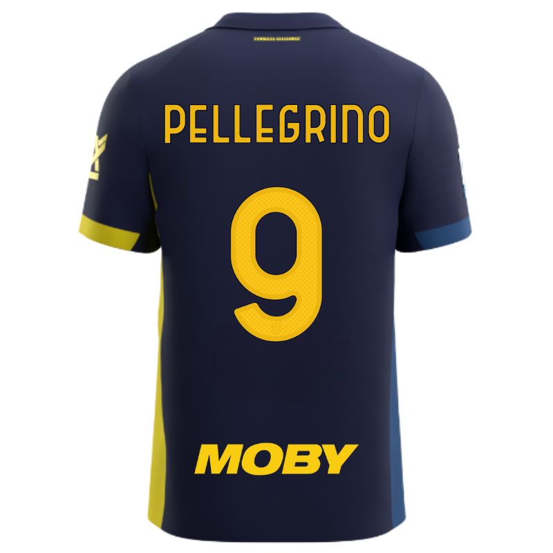 Maglia gara Parma Calcio Fourth blu con bande laterali giallo e blu personalizzata con nome e numero Pellegrino 9, sponsor e patch serie A