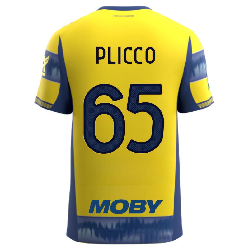 Maglia gara Parma Calcio Away gialla con righe e bande laterali blu personalizzata con nome e numero Plicco 65, sponsor e patch serie A