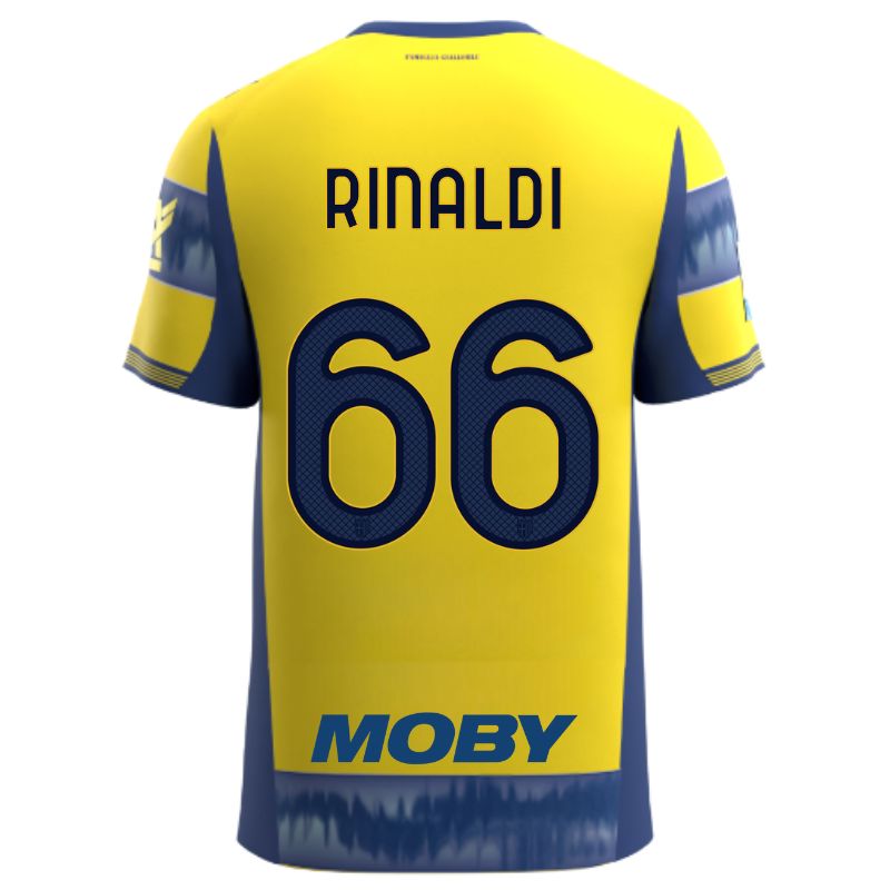 Maglia gara Parma Calcio Away gialla con righe e bande laterali blu personalizzata con nome e numero Rinaldi 66, sponsor e patch serie A